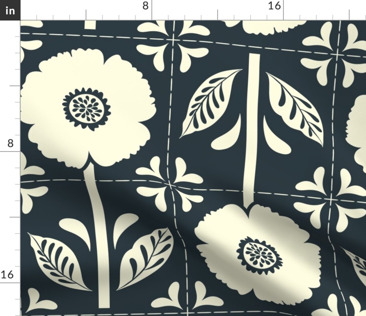 Patchwork Cheater Quilt Modern Farmhouse Scandi Bold Floral Large Scale Minimalist Wholecloth Topper Dark Blue Botanical Boho Bohemian Eclectic Custom Printed Fabric by Spoonflower Various Fabrics by the Yard or Fat Quarter